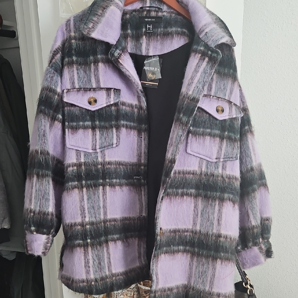 Forever 21 Lavender and Black Plaid Teddy Jacket